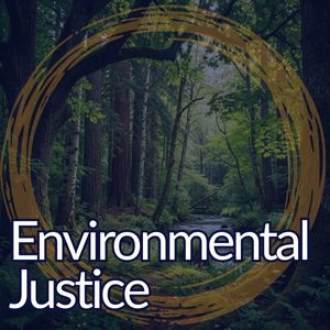 Green forest with a river running through. The text says "Environmental Justice."